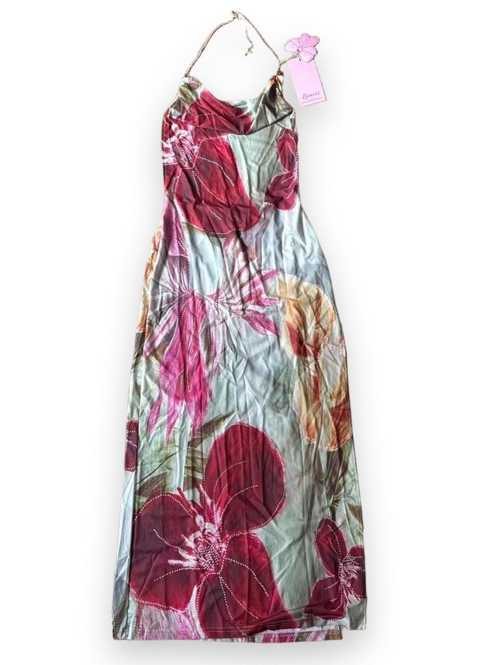 Luuvis Tropical Floral Sheer Mesh Halter Maxi Dress